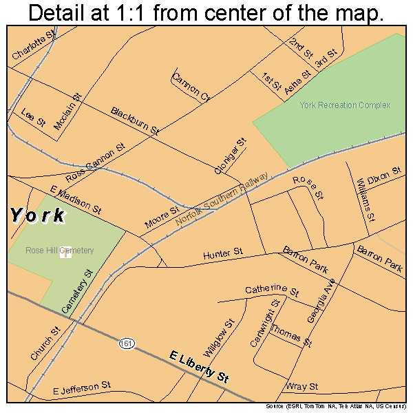 York, South Carolina road map detail