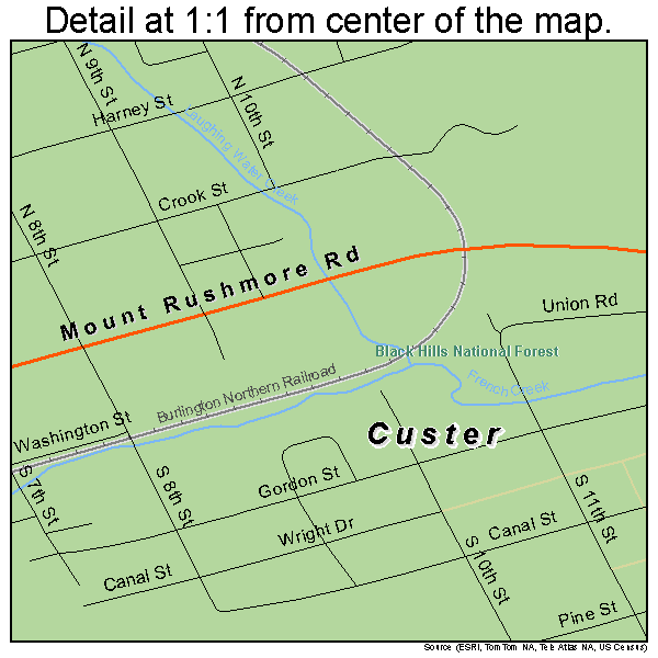 Custer, South Dakota road map detail