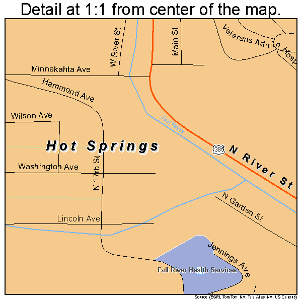 Hot Springs, South Dakota road map detail