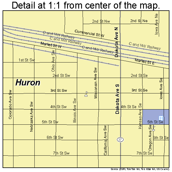Huron, South Dakota road map detail