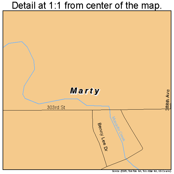 Marty, South Dakota road map detail