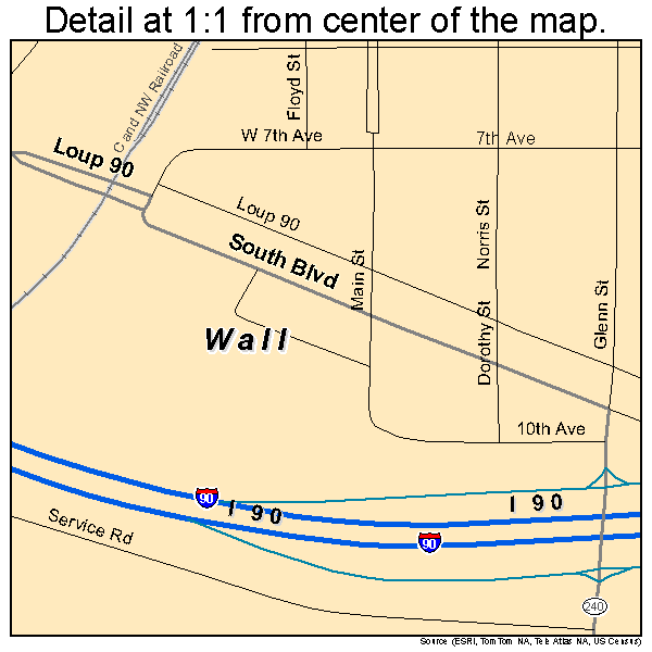Wall, South Dakota road map detail