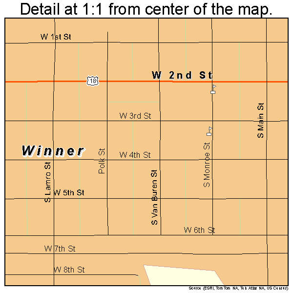 Winner, South Dakota road map detail