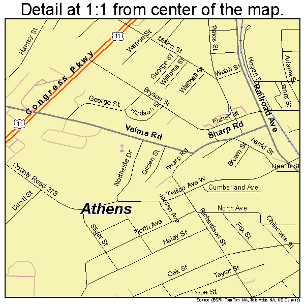 Athens, Tennessee road map detail