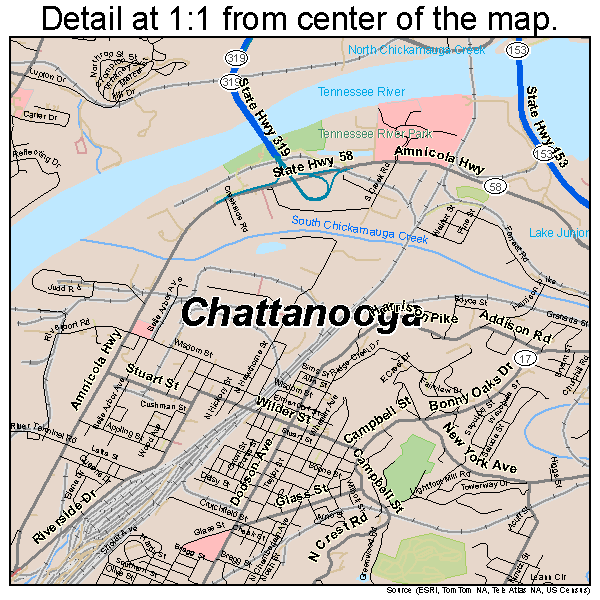 Chattanooga, Tennessee road map detail