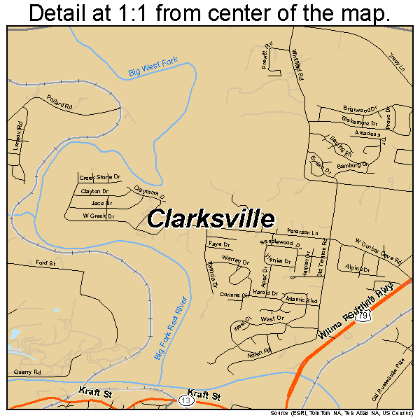 Clarksville, Tennessee road map detail