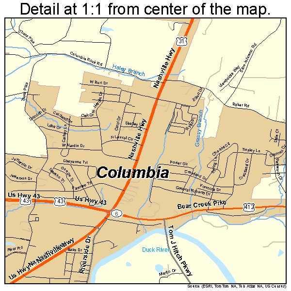 Columbia, Tennessee road map detail