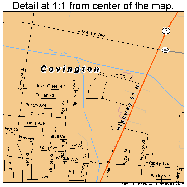 Covington, Tennessee road map detail