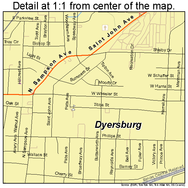 Dyersburg, Tennessee road map detail