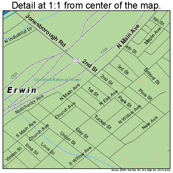 Erwin, Tennessee road map detail