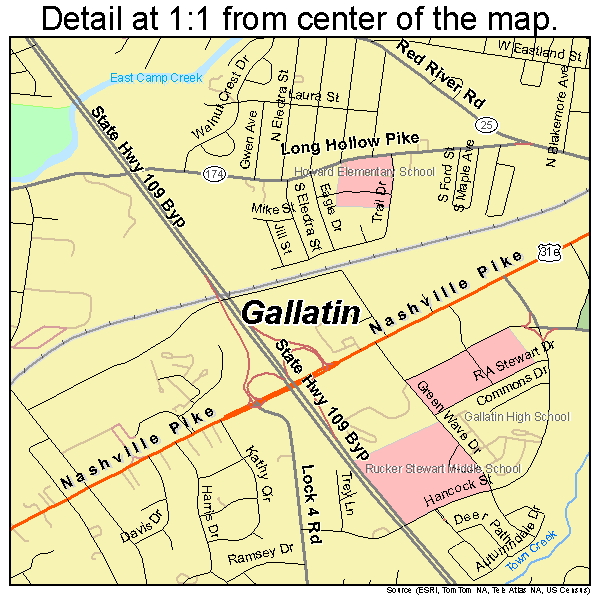 Gallatin, Tennessee road map detail