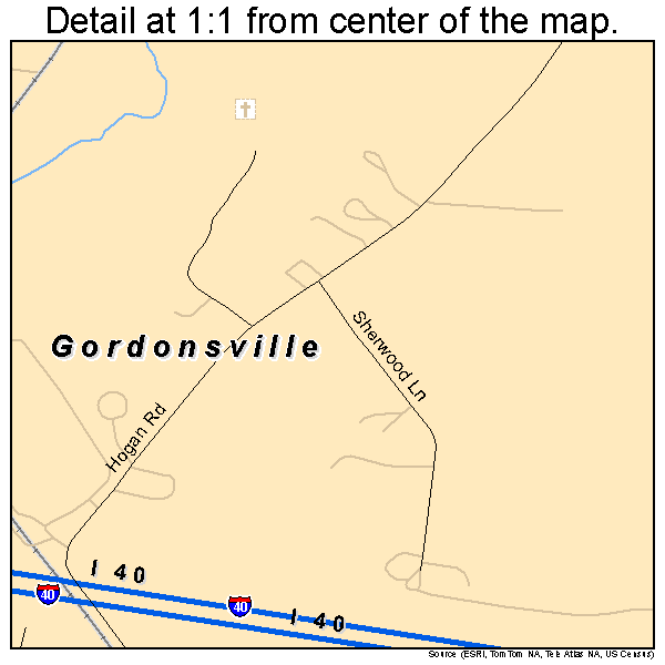 Gordonsville, Tennessee road map detail