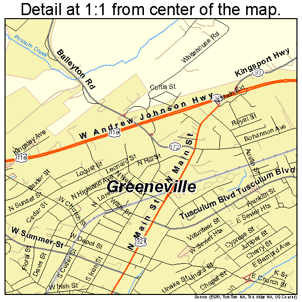 Greeneville, Tennessee road map detail
