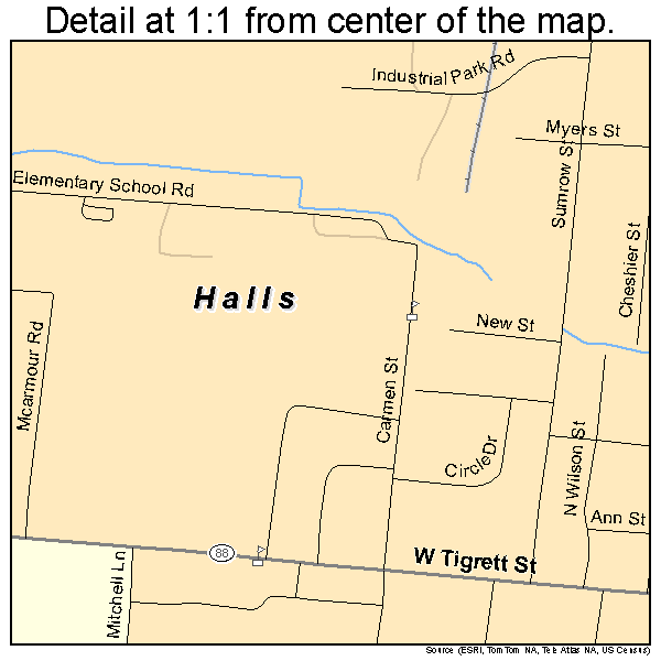 Halls, Tennessee road map detail