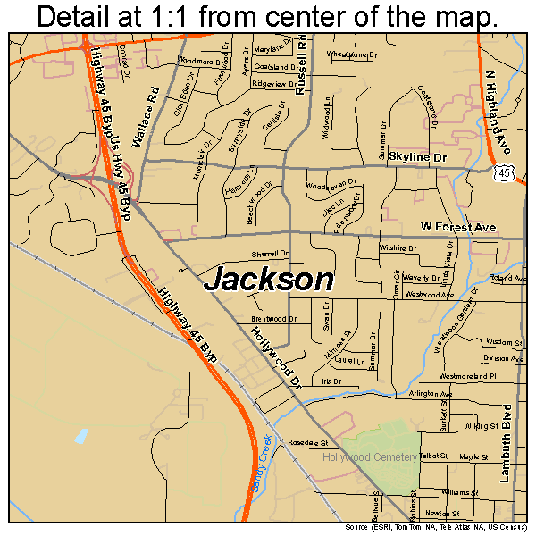 Jackson, Tennessee road map detail