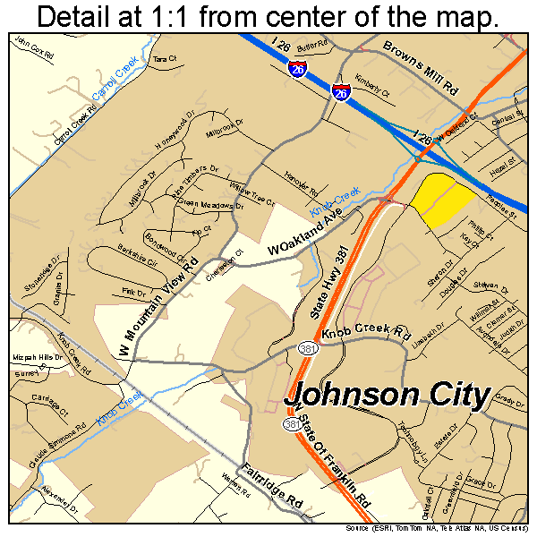 Johnson City, Tennessee road map detail