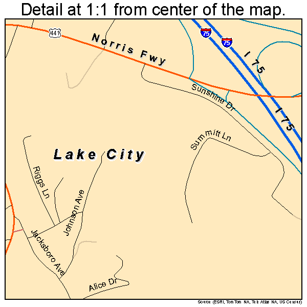 Lake City, Tennessee road map detail