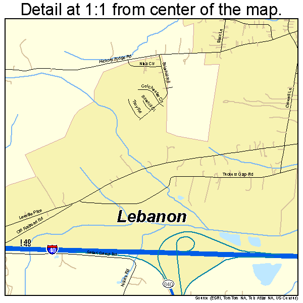 Lebanon, Tennessee road map detail