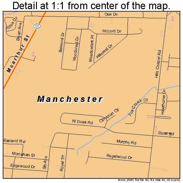 Manchester, Tennessee road map detail