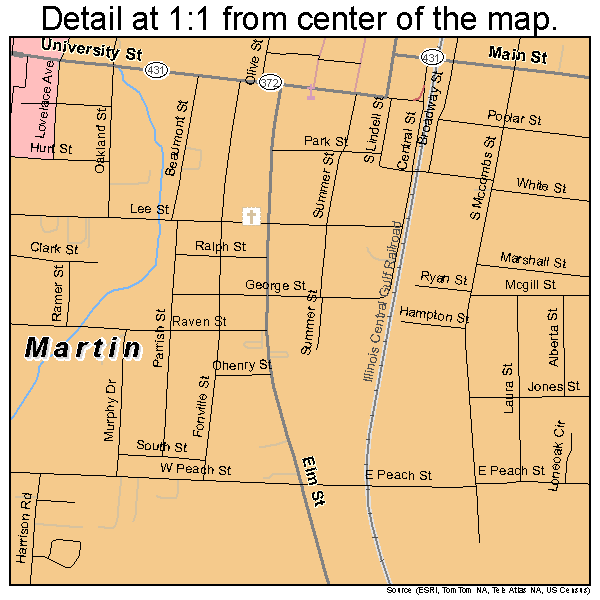 Martin, Tennessee road map detail