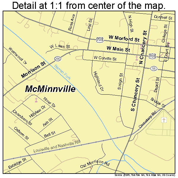 McMinnville, Tennessee road map detail