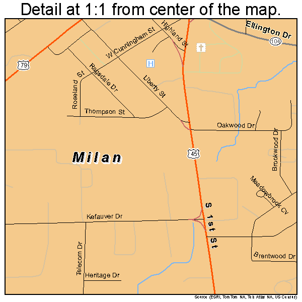 Milan, Tennessee road map detail