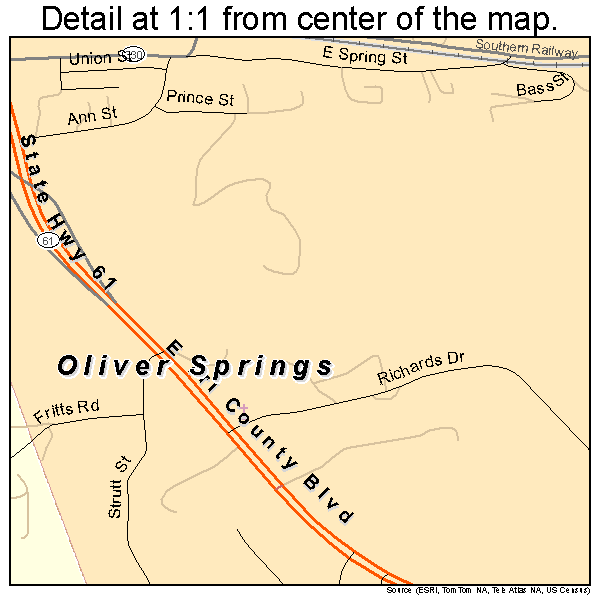 Oliver Springs, Tennessee road map detail