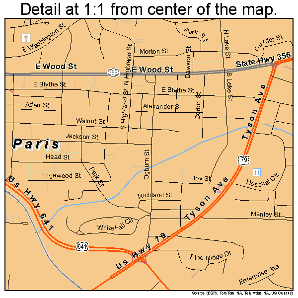 Paris, Tennessee road map detail