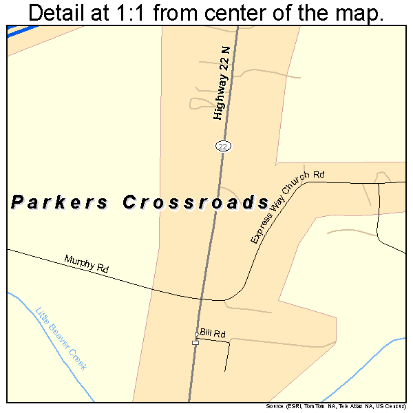 Parkers Crossroads, Tennessee road map detail