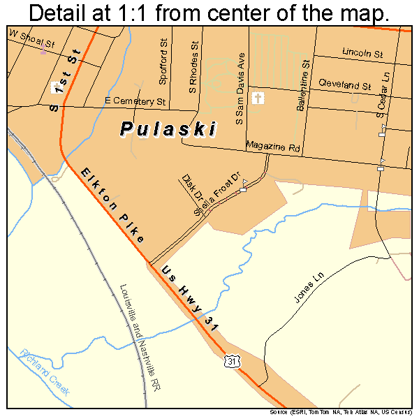 Pulaski, Tennessee road map detail