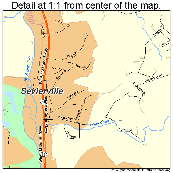 Sevierville, Tennessee road map detail