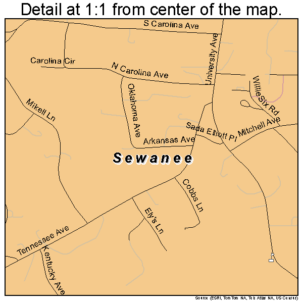 Sewanee, Tennessee road map detail