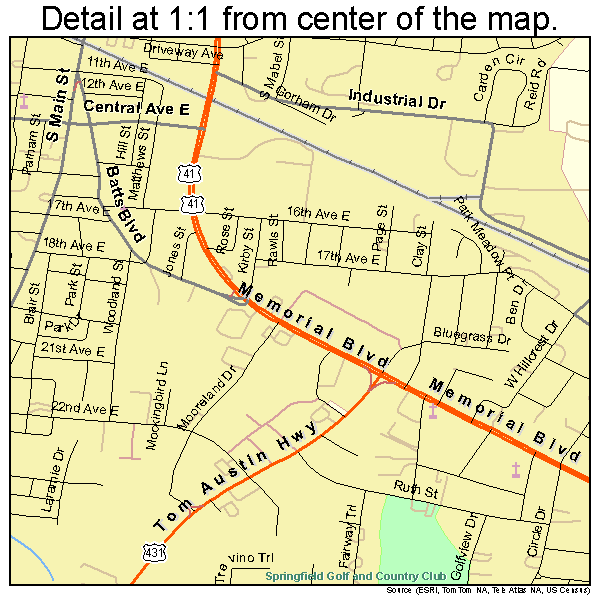 Springfield, Tennessee road map detail