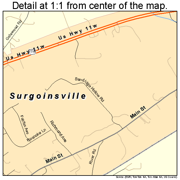 Surgoinsville, Tennessee road map detail