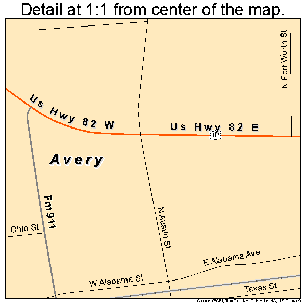 Avery, Texas road map detail