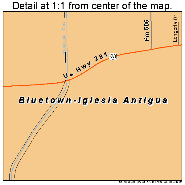 Bluetown-Iglesia Antigua, Texas road map detail