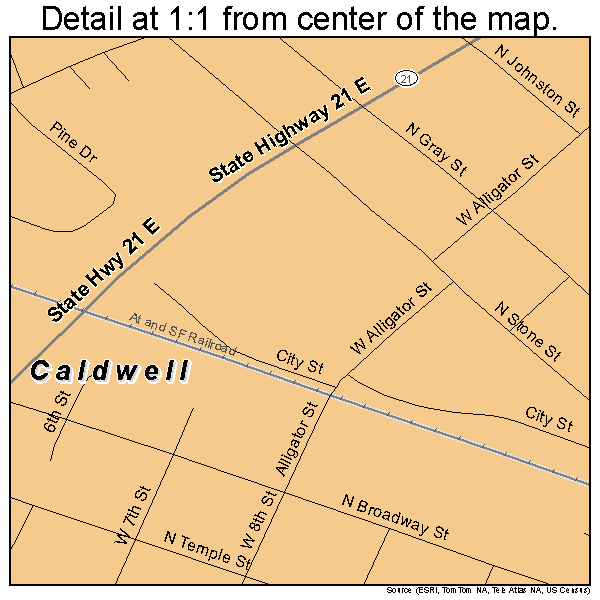 Caldwell, Texas road map detail