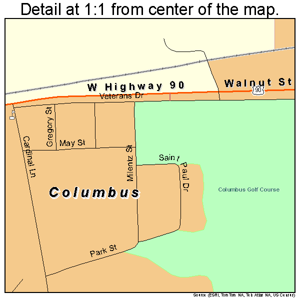 Columbus, Texas road map detail