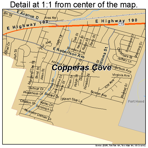 Copperas Cove, Texas road map detail