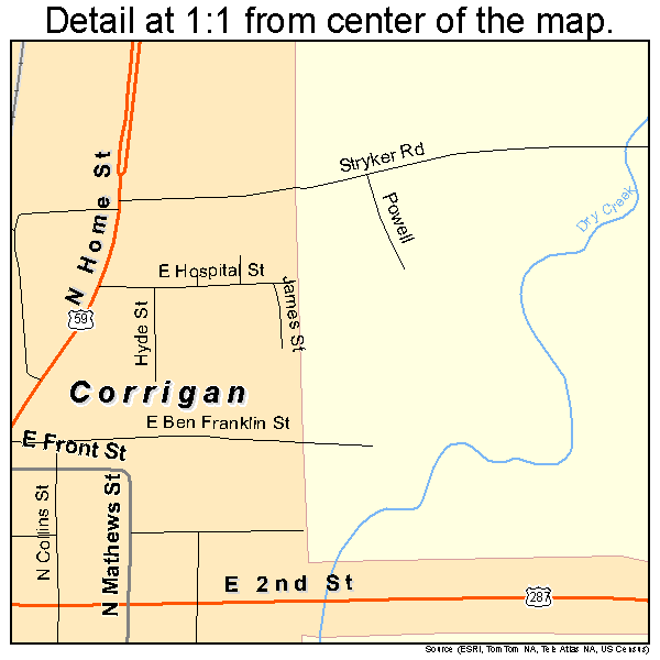 Corrigan, Texas road map detail