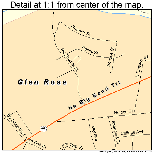 Glen Rose, Texas road map detail