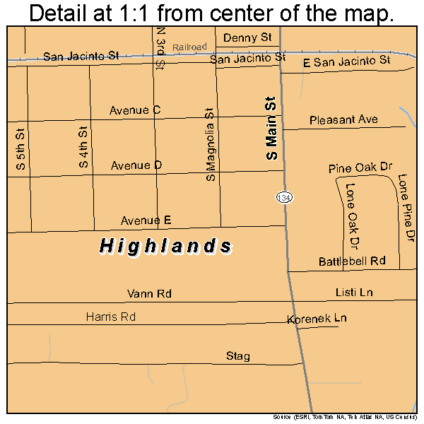 Highlands, Texas road map detail