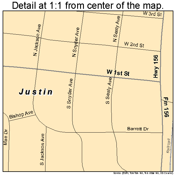 Justin, Texas road map detail