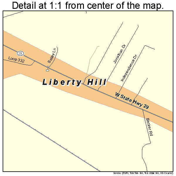 Liberty Hill, Texas road map detail