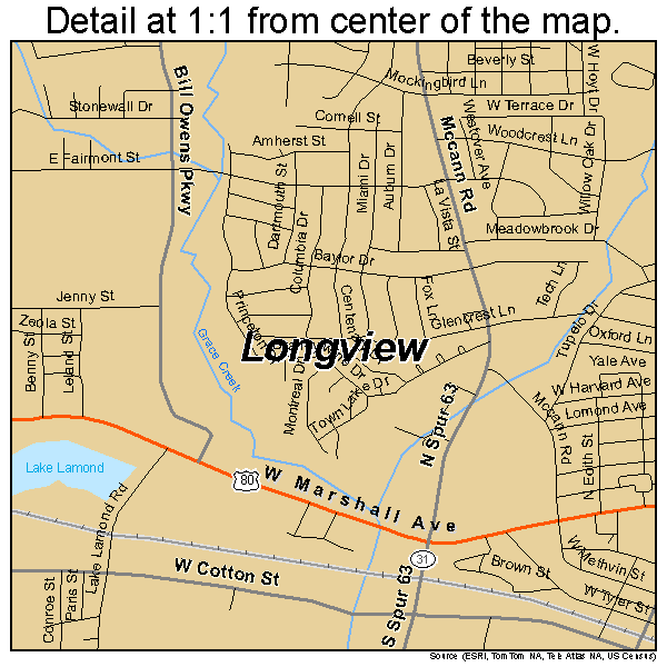 Longview, Texas road map detail