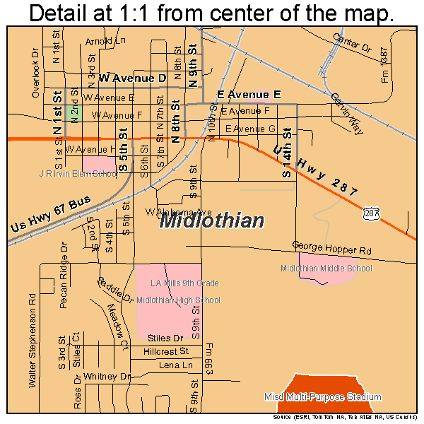 Midlothian, Texas road map detail