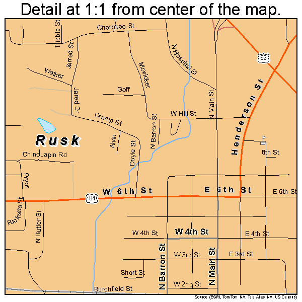 Rusk, Texas road map detail