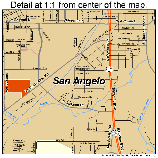San Angelo, Texas road map detail