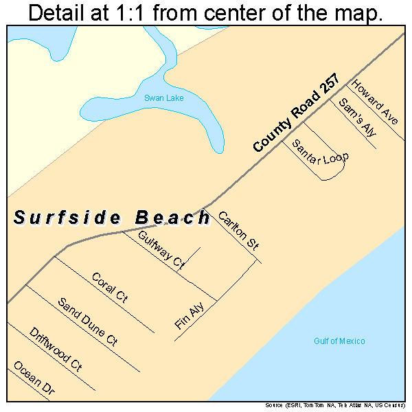 Surfside Beach, Texas road map detail