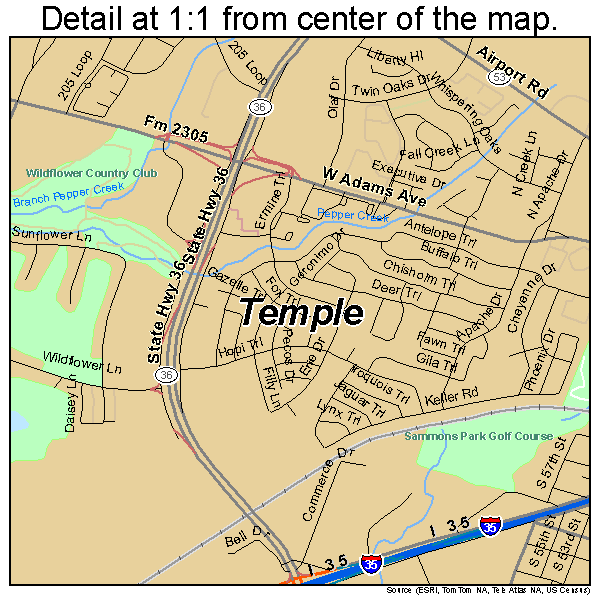 Temple, Texas road map detail